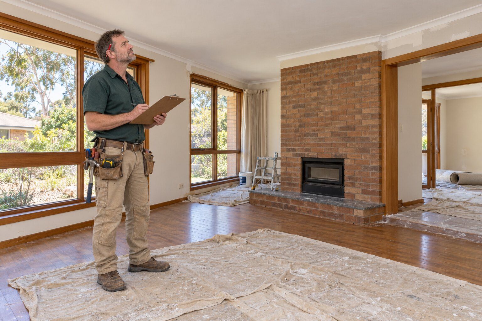 Asbestos check, Canberra: carpenter reading a report in the living room of a 1970s house before renovation work