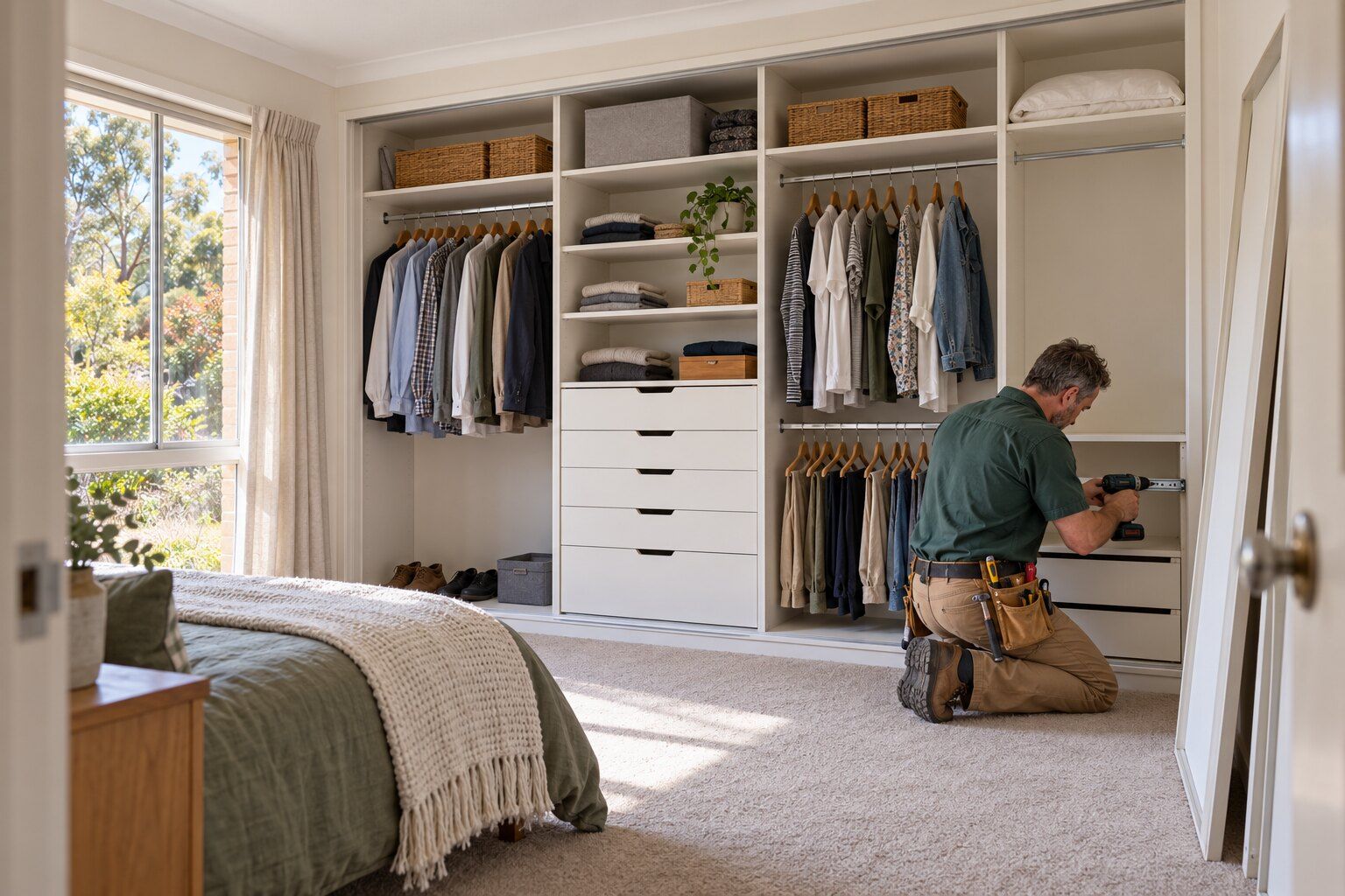 Built-in wardrobe ideas: carpenter fitting drawers in a white floor-to-ceiling built-in wardrobe with its doors off