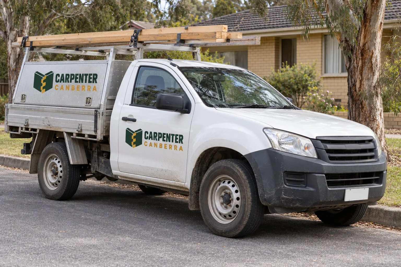 Carpenter Canberra branding on a white tradesman's ute with a ladder rack of timber, parked outside a brick house