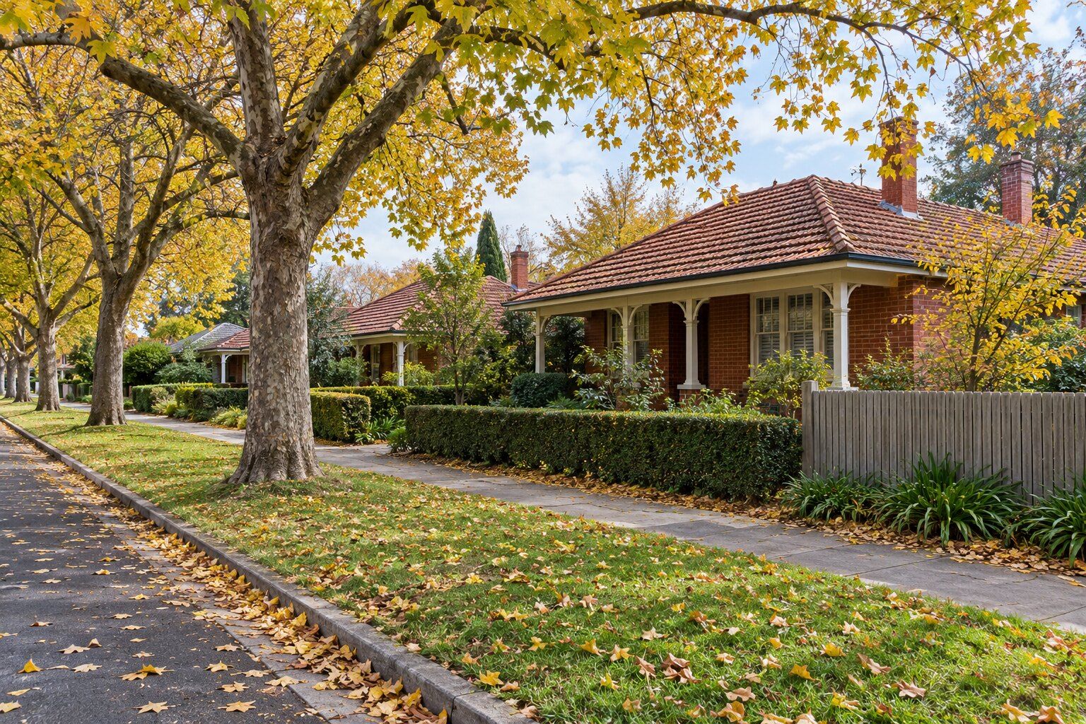 Carpenter, Inner North: red-brick cottages with white timber verandah posts behind clipped hedges and a grey paling fence, on a street of large deciduous trees in autumn
