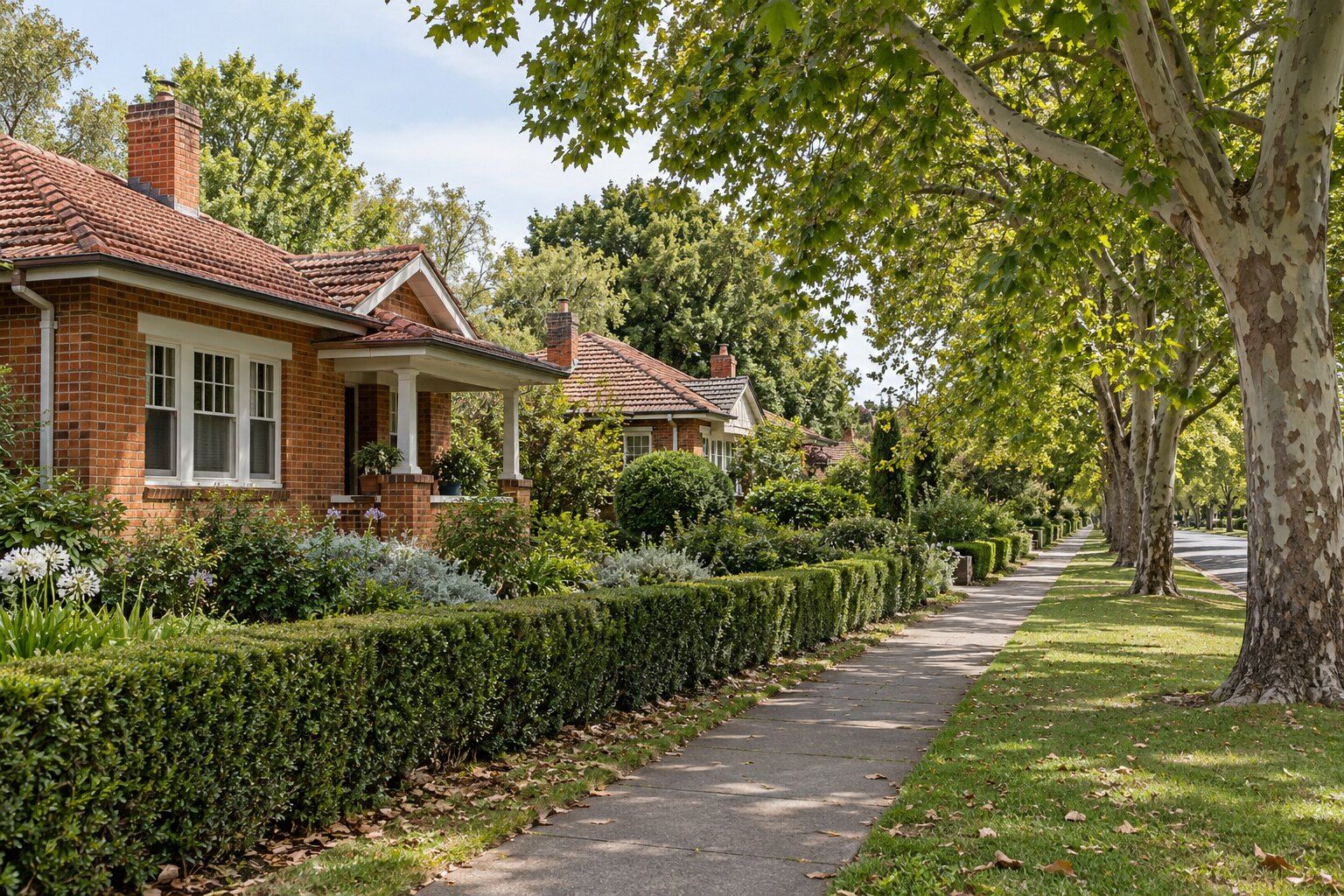 Carpenter, Inner South: red-brick bungalows with terracotta tiled roofs, white timber windows and a columned front porch behind clipped hedges, on a footpath lined with plane trees