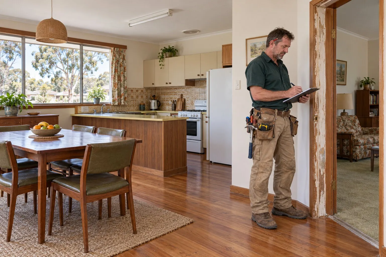 Carpenter rates, Canberra: carpenter taking notes beside a door frame in a 1970s home