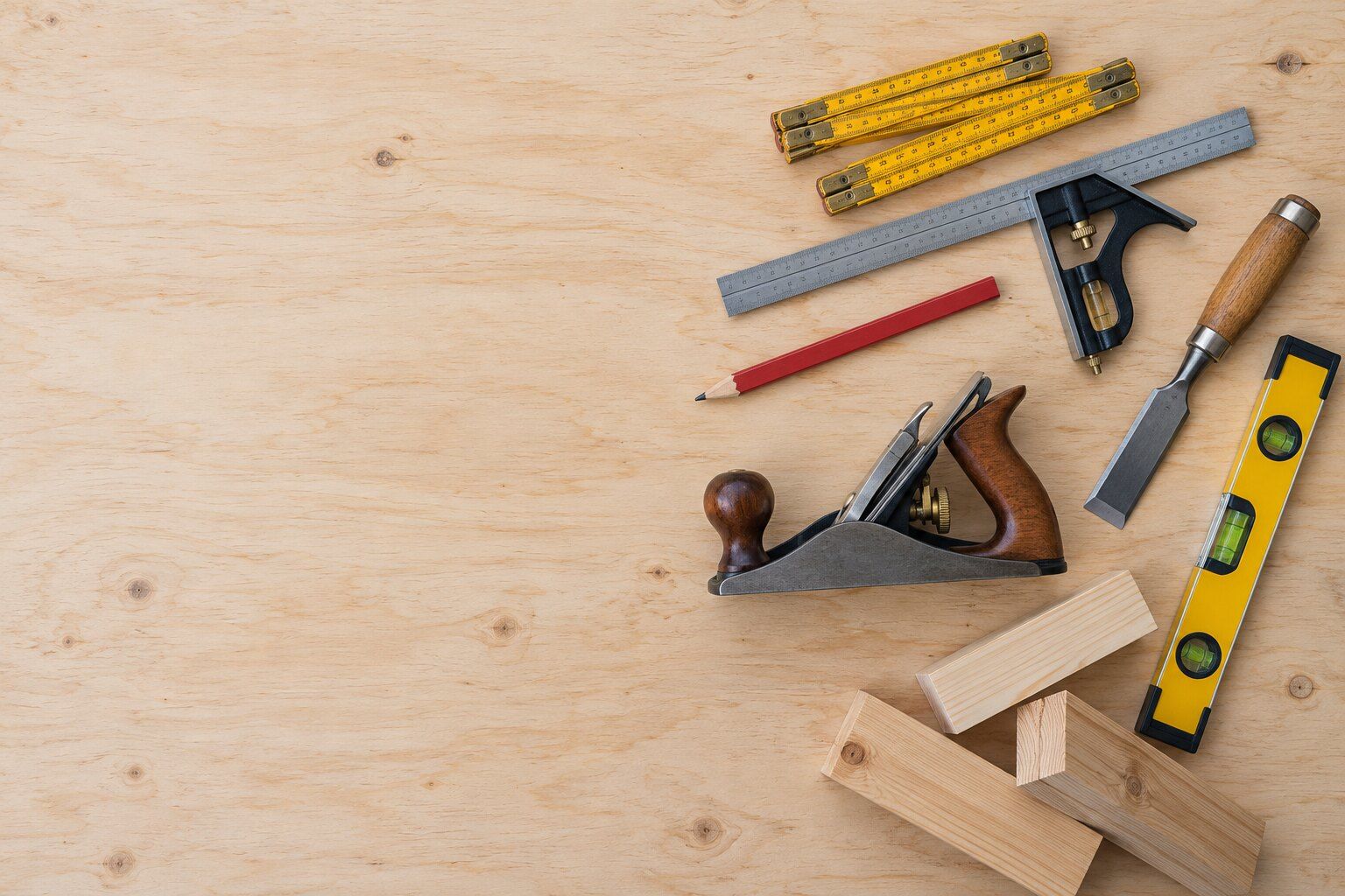 Carpentry guides, Canberra: carpenter's pencil, folding ruler, square, chisel and plane on a plywood bench