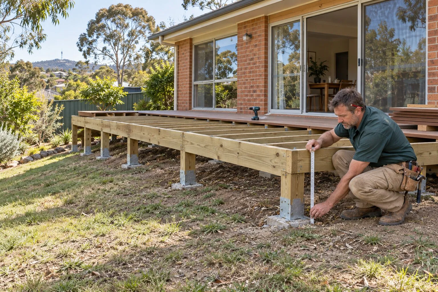 Deck approval, ACT: carpenter checking a new deck frame's height off the ground with a folding ruler