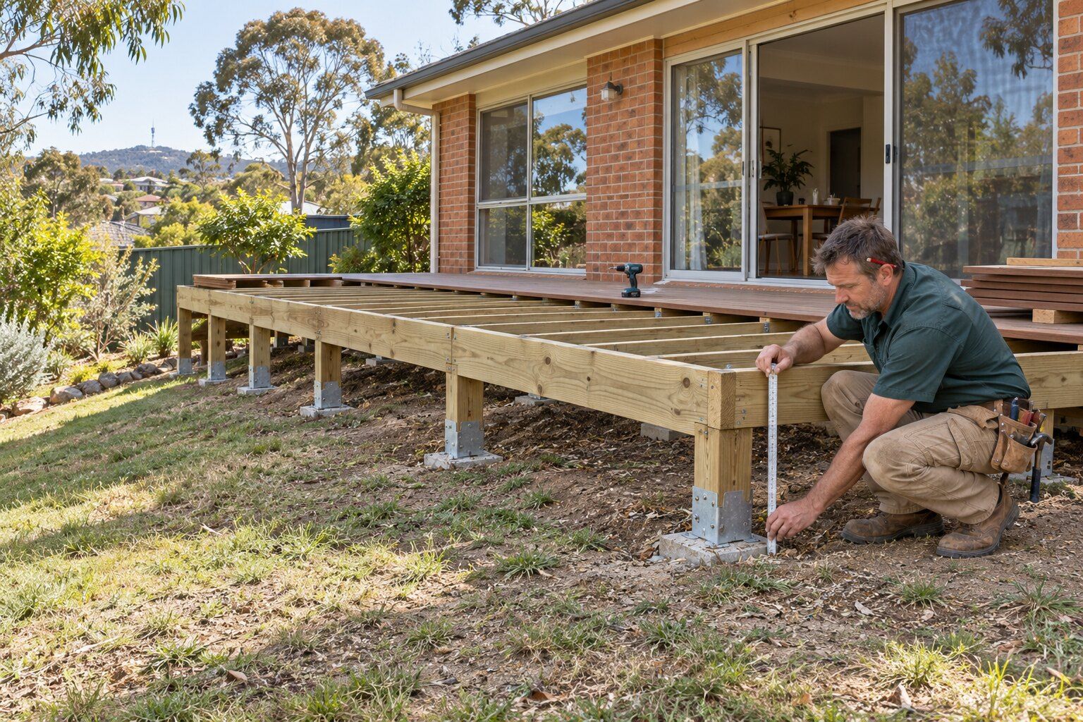 Deck approval, ACT: carpenter checking a new deck frame's height off the ground with a folding ruler on a sloping block
