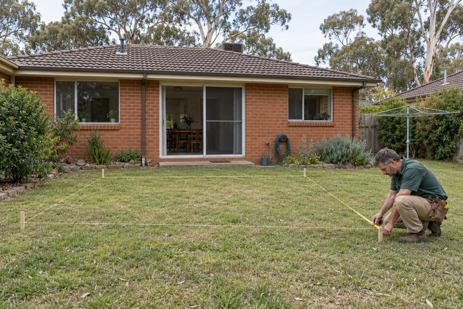 Deck building, Canberra: carpenter screwing down hardwood decking boards on a new low deck behind a brick house