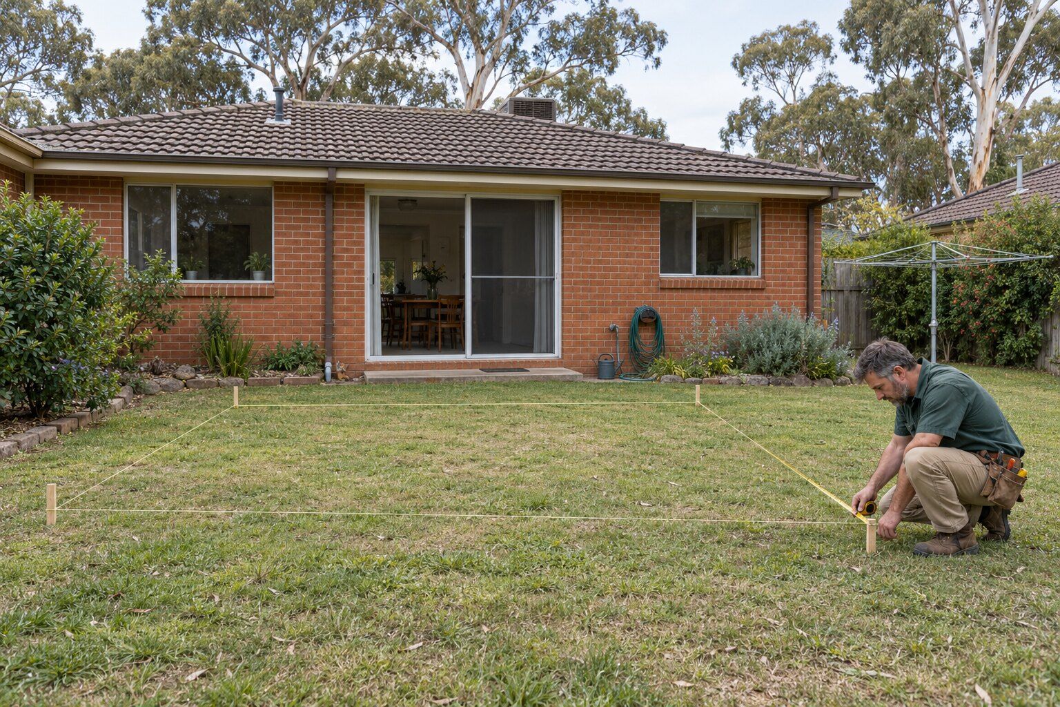 Deck building, Canberra: carpenter measuring out string lines for a new deck behind a brick house