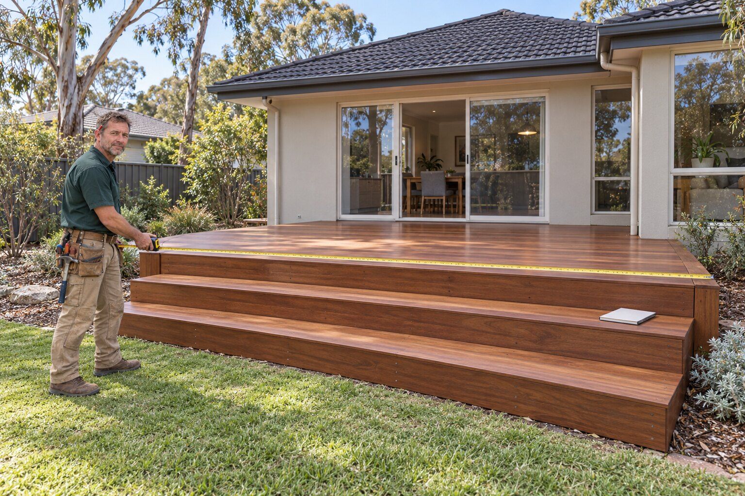 Deck cost, Canberra: carpenter measuring the length of a finished spotted-gum deck with steps behind a rendered house