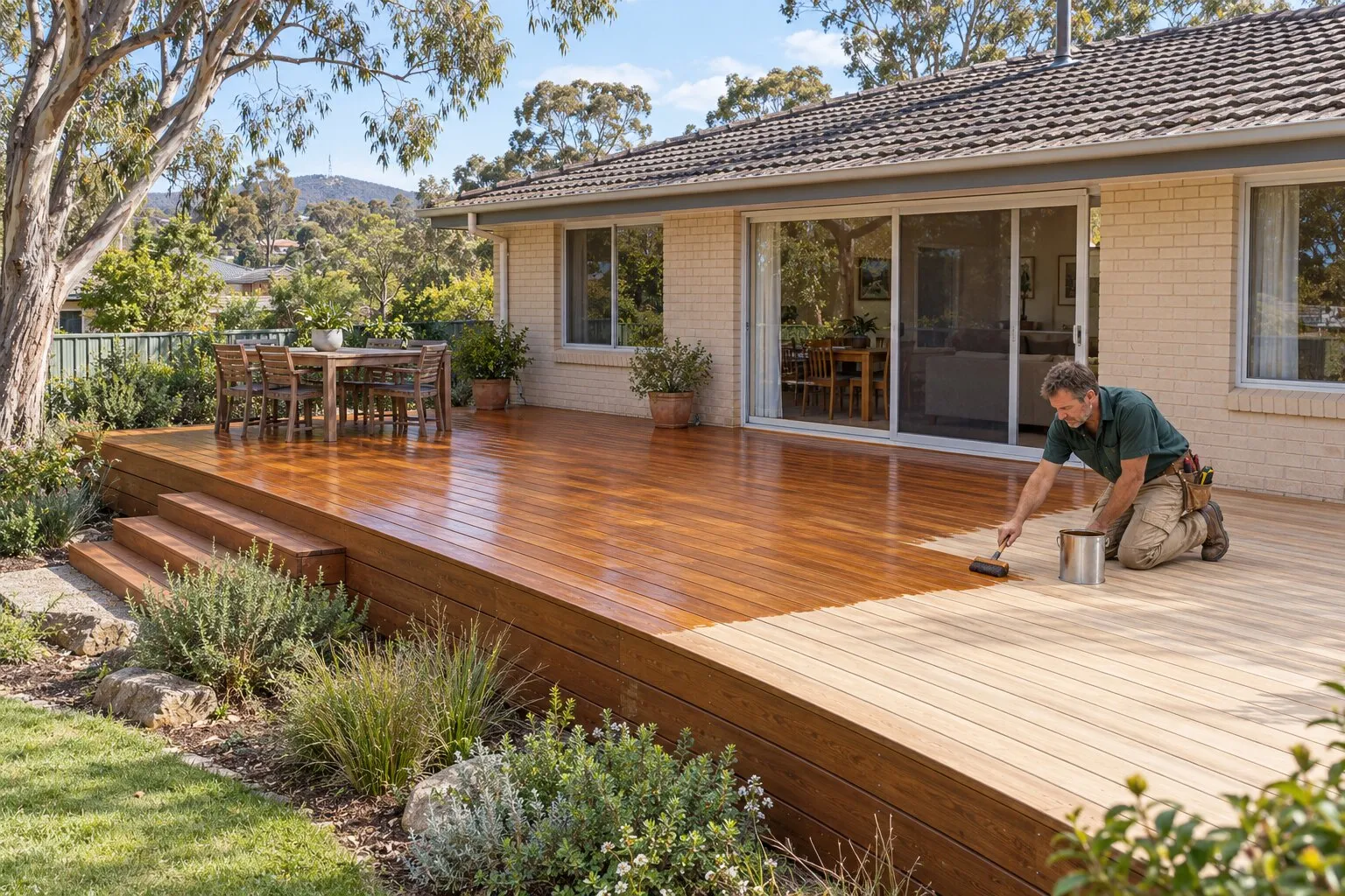 Deck building, Canberra: half-oiled hardwood deck showing sanded timber beside a fresh coat of decking oil