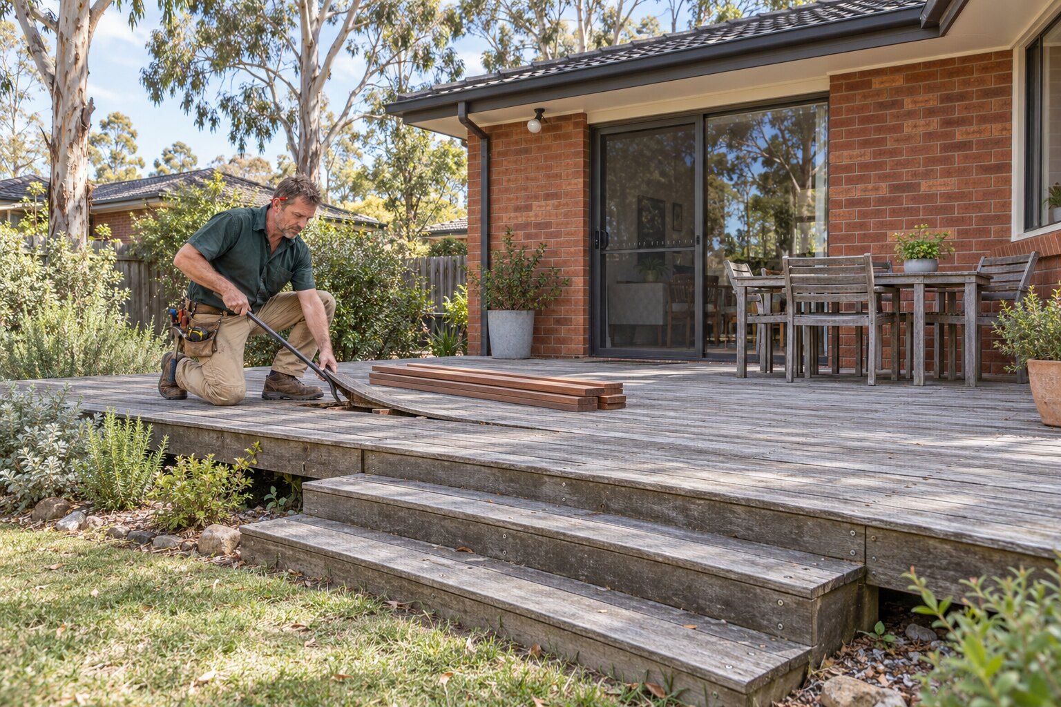 Deck repairs, Canberra: carpenter prising up a split grey decking board on an old deck behind a red brick house
