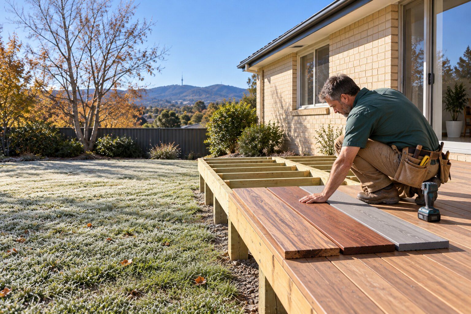 Spotted gum vs merbau decking: carpenter comparing three decking board lengths on the joists of a new low deck behind a Canberra brick house