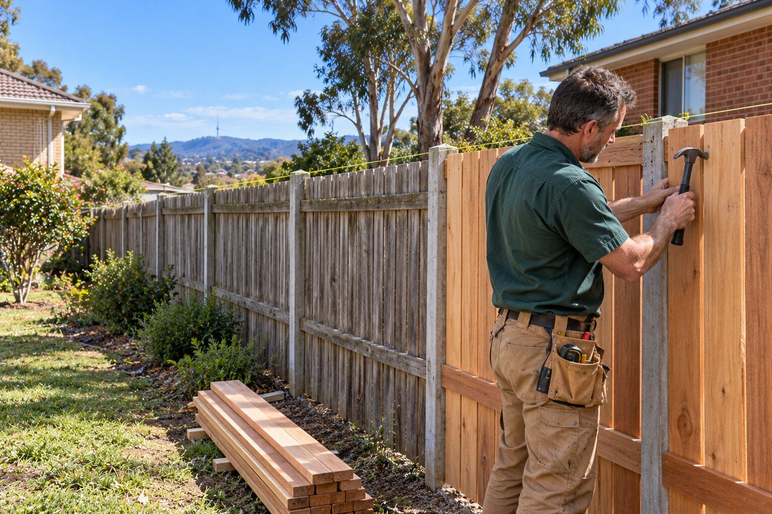 Dividing fence, ACT: carpenter nailing a new hardwood paling beside the old grey paling fence between two back yards