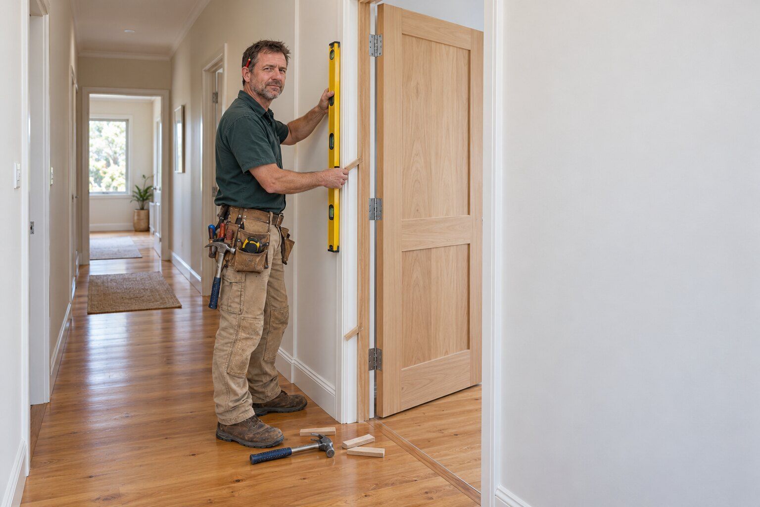 Door installation, Canberra: carpenter checking a new internal door jamb with a spirit level in a hallway
