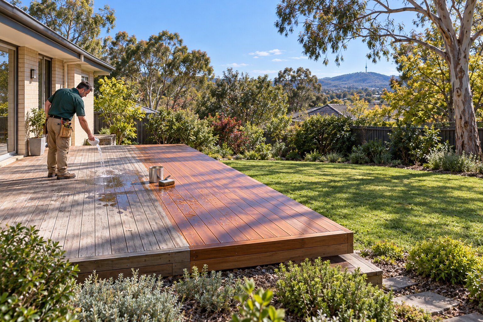 Deck oiling, Canberra: carpenter sprinkling water on a hardwood deck, half weathered grey and half freshly oiled
