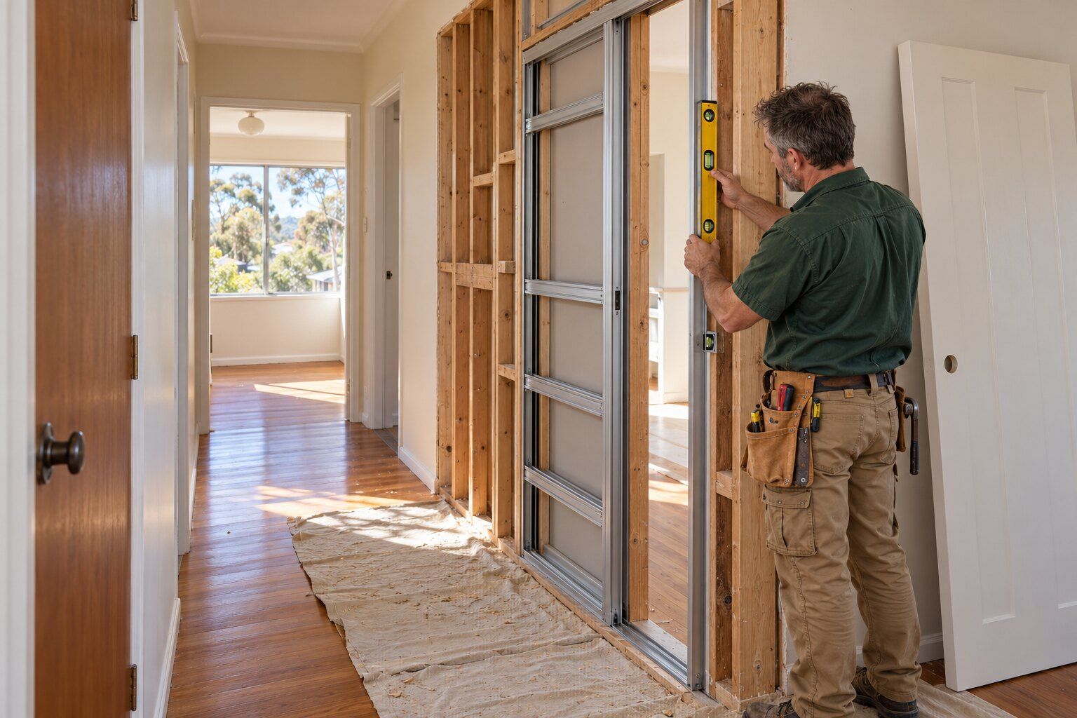 Internal door types: carpenter checking a new cavity sliding door frame with a spirit level in a Canberra hallway