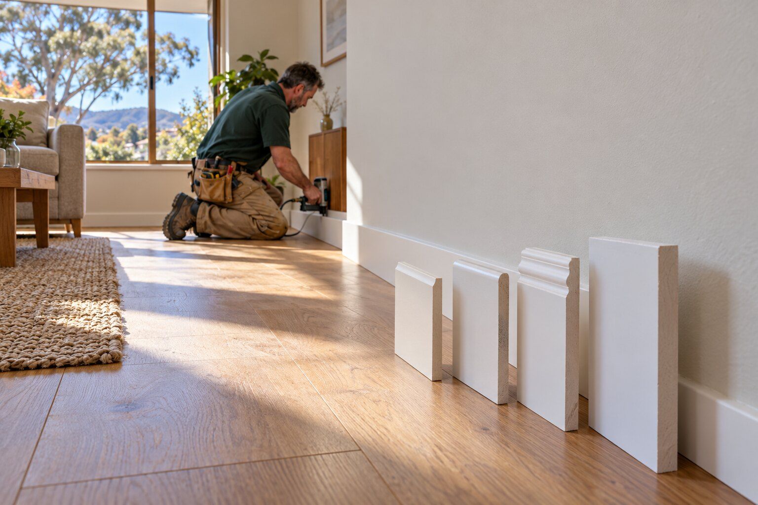 Skirting board styles: four skirting profiles stood against a wall while a carpenter fits skirting in a Canberra living room