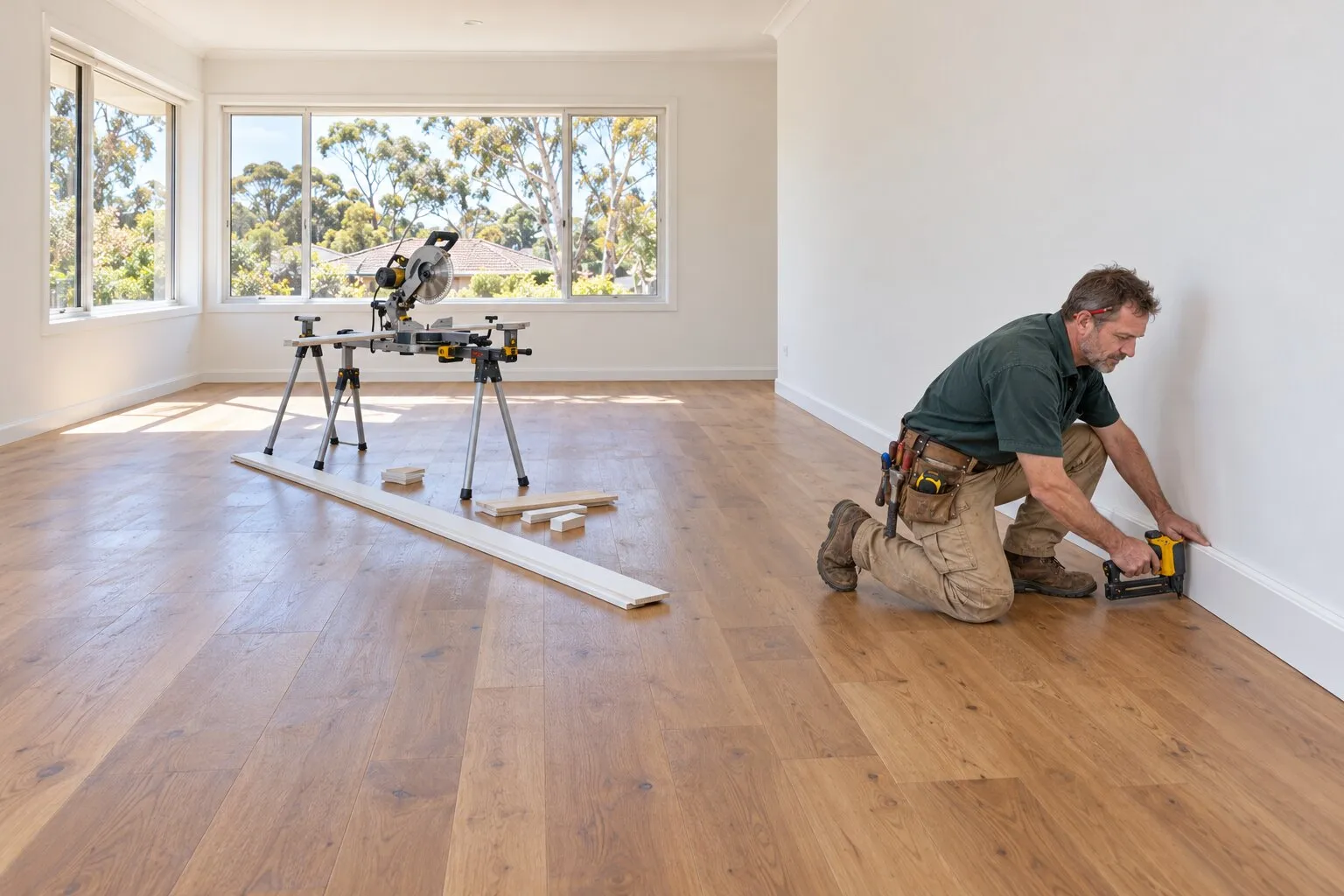Skirting boards, Canberra: carpenter fitting new white skirting with a nail gun in a renovated living room