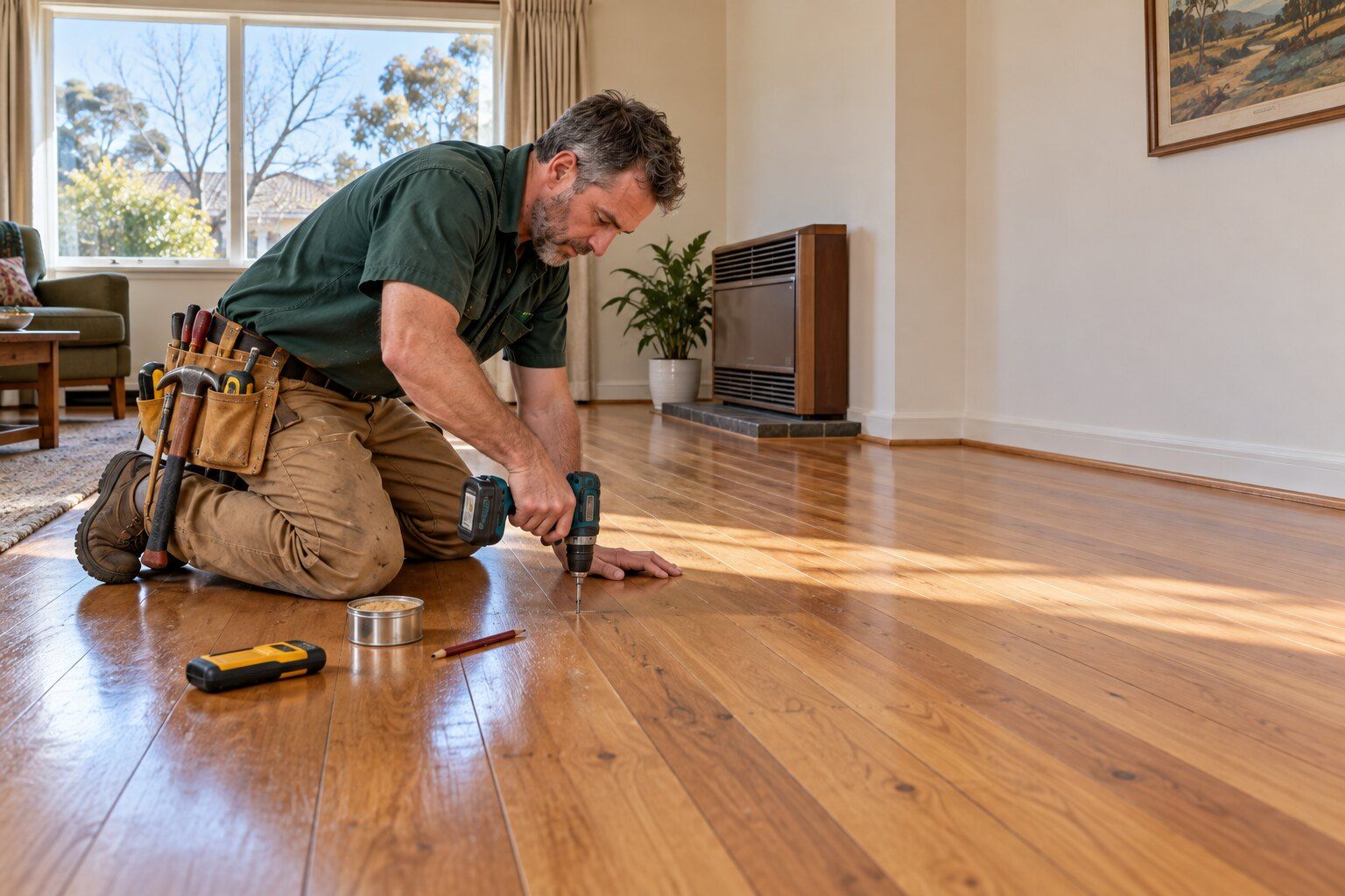 Squeaky floorboards: carpenter screwing down a hardwood floorboard with a cordless drill in an older Canberra home