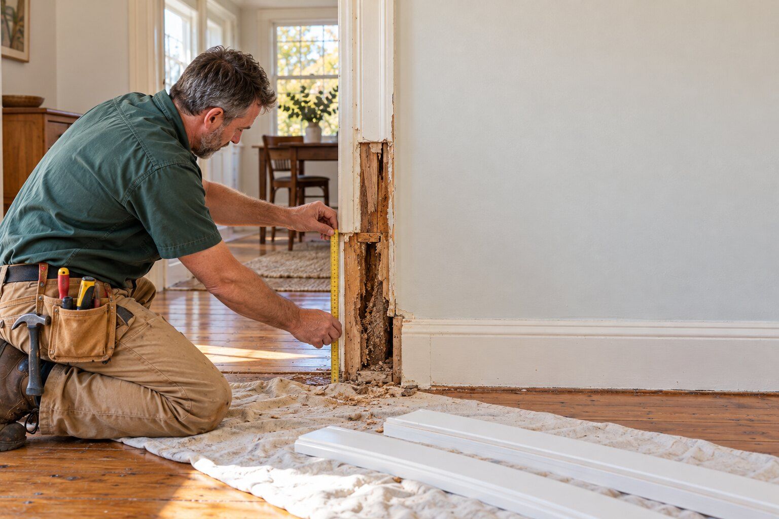 Termite damage repairs, Canberra: carpenter measuring termite-eaten timber behind a removed architrave, new skirting ready on a drop sheet