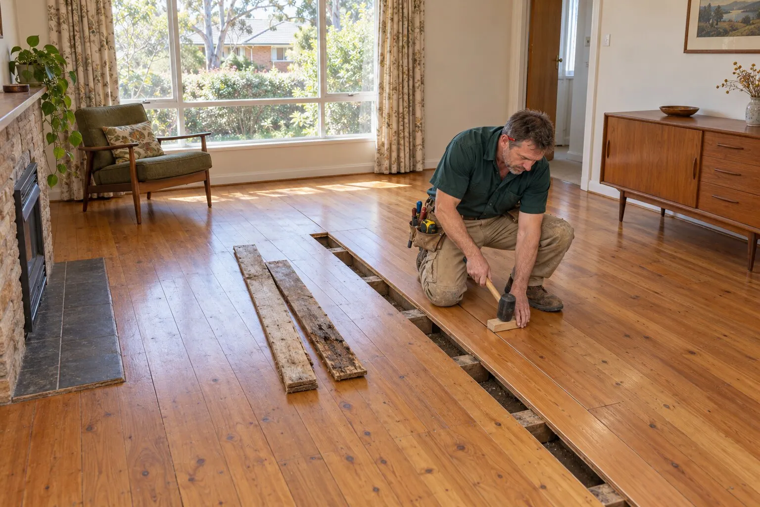 Timber floor repairs, Canberra: carpenter tapping a new board into an old hardwood floor with a rubber mallet