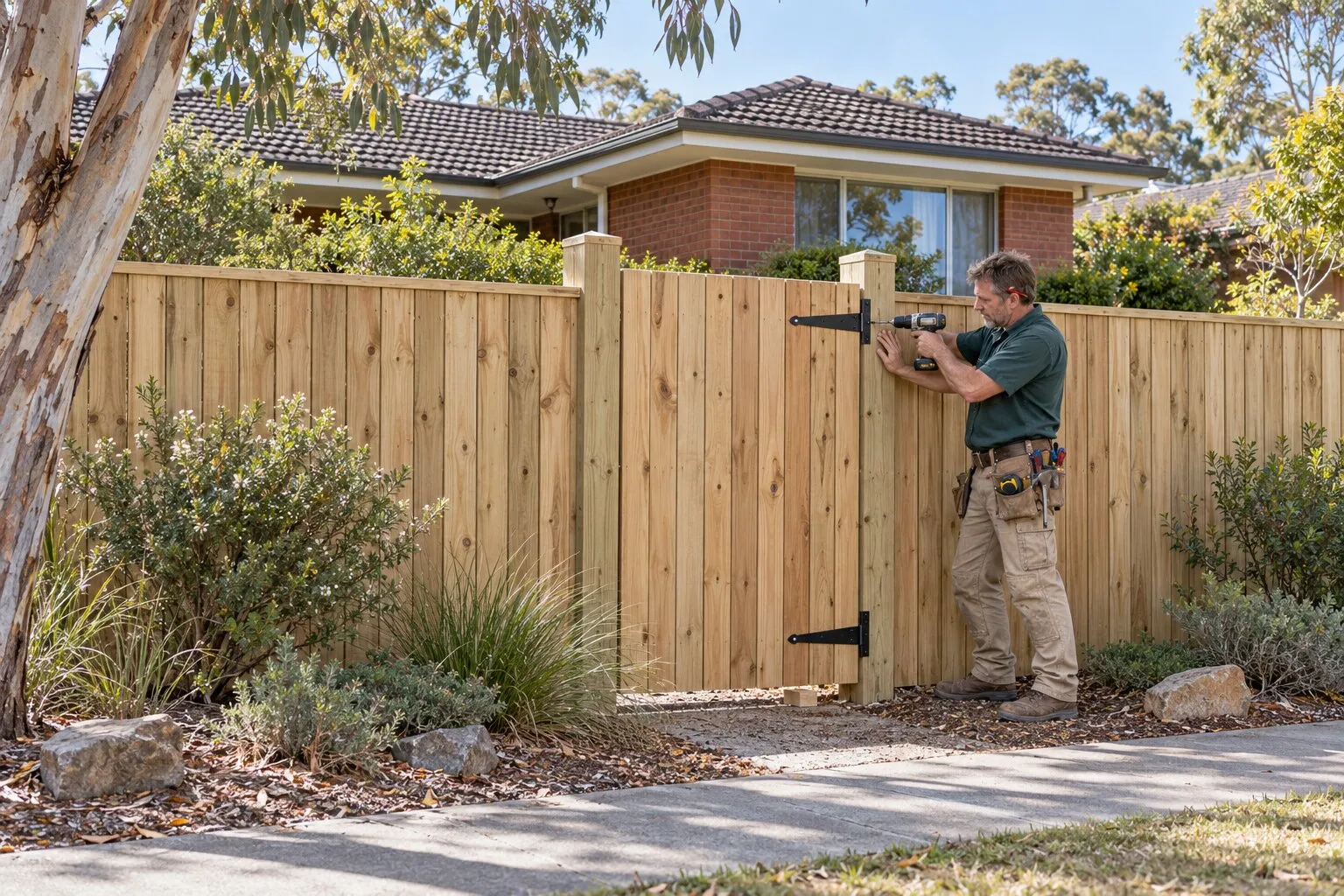 Timber gates, Canberra: carpenter fixing a strap hinge to a new timber side gate beside a paling fence