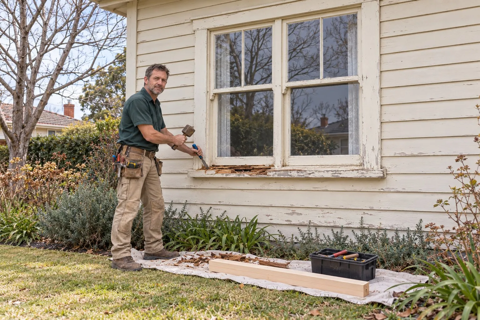 Timber window repairs, Canberra: carpenter chiselling out a rotten sill on an old weatherboard cottage window